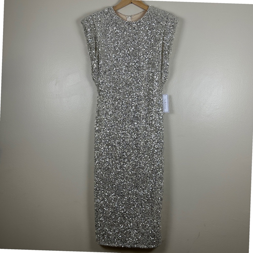 Premier Amour Women's 12 Midi Dress Nude Silver Sequin Sleeveless Glam NEW‎